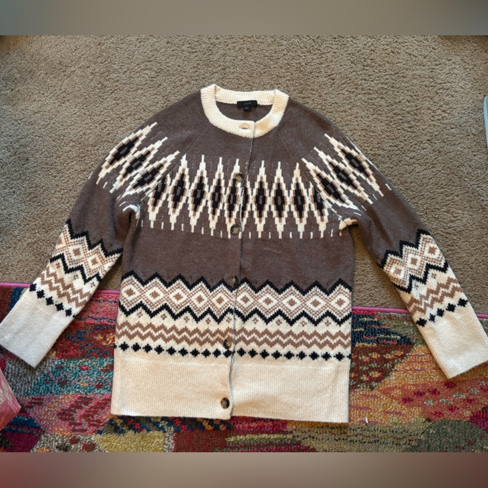 J.Crew Brown and Cream Patterned Cardigan (M)
